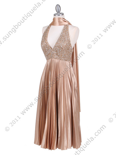 4908 Gold Sequins Pleated Cocktail Dress - Gold, Alt View Medium