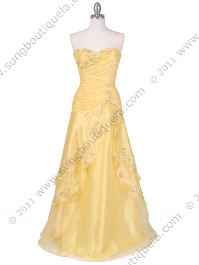 4909 Yellow Beaded Evening Gown - Yellow, Front View Medium