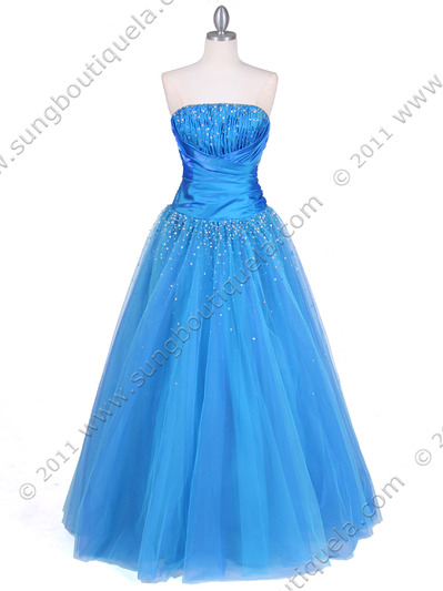 4912 Blue Beaded Ball Gown - Blue, Front View Medium