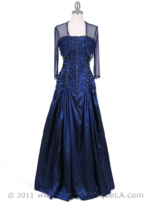4932 Navy Beaded Taffeta Evening Gown, Navy