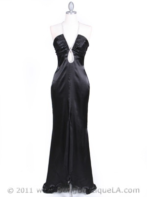 4933 Black Halter Evening Gown with Rhinestone Straps, Black