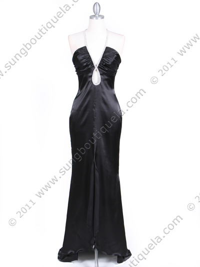 4933 Black Halter Evening Gown with Rhinestone Straps - Black, Front View Medium