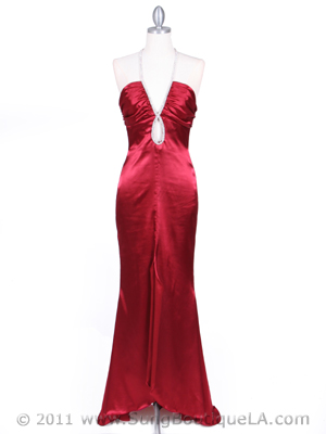 4933 Wine Halter Evening Gown with Rhinestone Straps, Wine