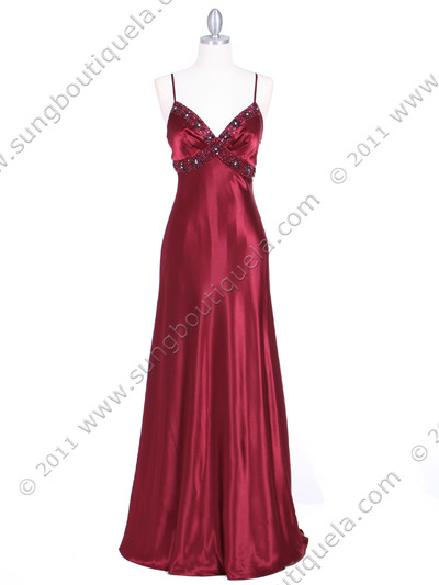 4949 Wine Sequins Charmeuse Evening Dress - Wine, Front View Medium