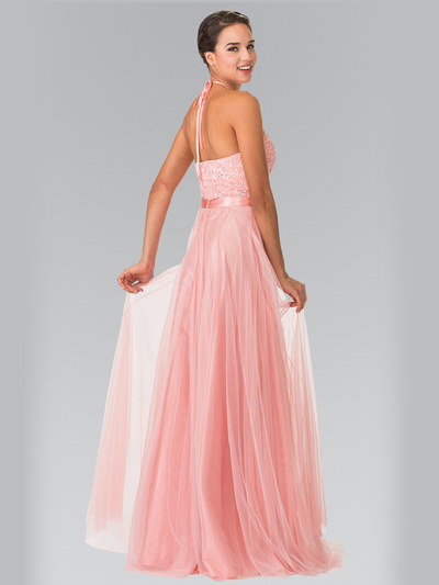 50-1475 Halter Embroidered Long Evening Dress - Blush, Back View Medium