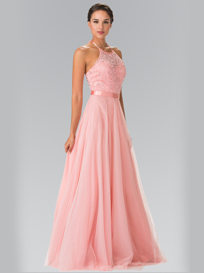 50-1475 Halter Embroidered Long Evening Dress - Blush, Front View Medium