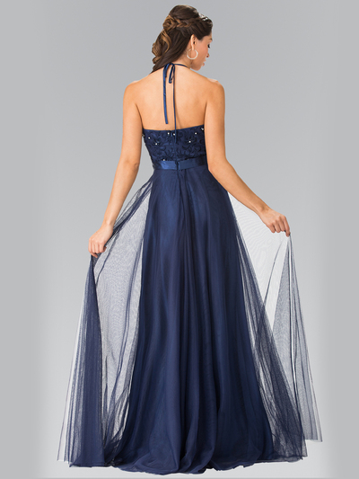 50-1475 Halter Embroidered Long Evening Dress - Navy, Back View Medium