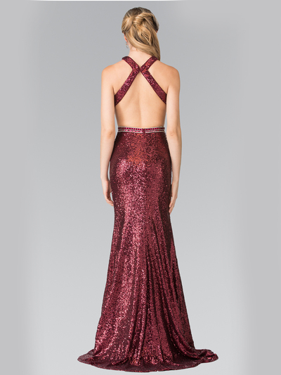50-2278 High Neck Sequin Evening Dress with Open Back - Burgundy, Back View Medium