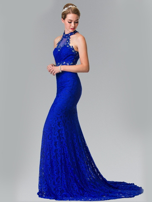50-2297 High Neck Lace Long Prom Dress with Train, Royal Blue
