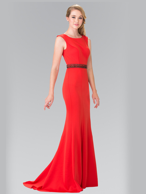 50-2306 High Neck Long Evening Dress with Cutout Back, Red