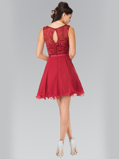 50-2314 Embroidery Top Chiffon Cocktail Dress - Burgundy, Back View Medium