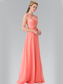 50-2364 Embroidery Top Chiffon Long Evening Dress - Coral, Front View Thumbnail