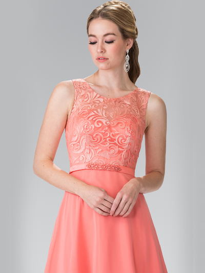 50-2364 Embroidery Top Chiffon Long Evening Dress - Coral, Back View Medium