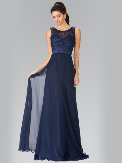 50-2364 Embroidery Top Chiffon Long Evening Dress - Navy, Front View Medium