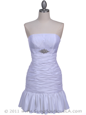 501 White Strapless Pleated Cocktail Dress, White