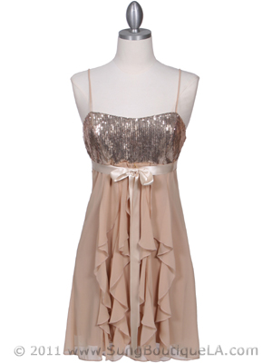 5077 Light Gold Sequin Top Cocktail Dress, Light Gold
