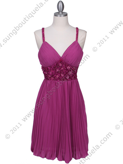 5096 Purple Pleated Cocktail Dress - Purple, Front View Medium
