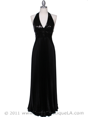 5141 Black Sequin Top Halter Evening Dress, Black