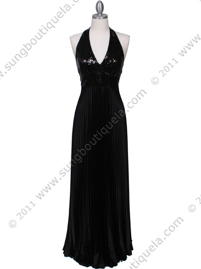 5141 Black Sequin Top Halter Evening Dress - Black, Front View Medium