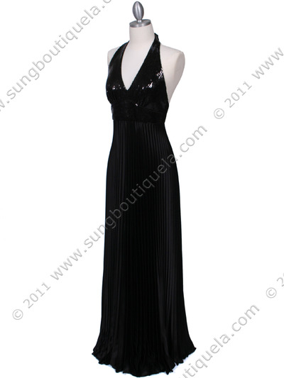 5141 Black Sequin Top Halter Evening Dress - Black, Alt View Medium