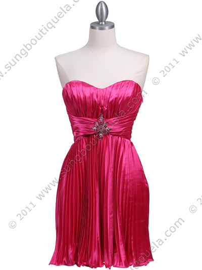 5203 Hot Pink Strapless Pleated Cocktail Dress - Hot Pink, Front View Medium