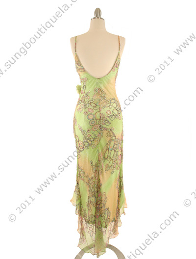 5525 Green Printed Silk Wrap Dress - Green, Back View Medium