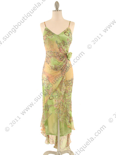 5525 Green Printed Silk Wrap Dress - Green, Front View Medium
