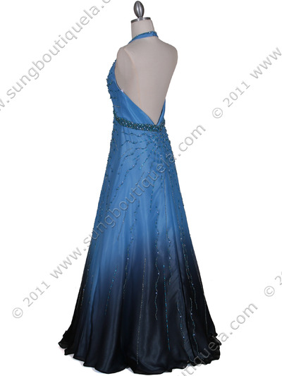 5541 Blue Beaded Silk Gown - Blue, Back View Medium