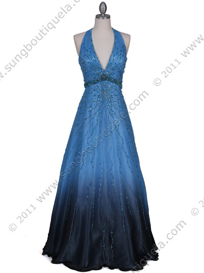 5541 Blue Beaded Silk Gown - Blue, Front View Medium