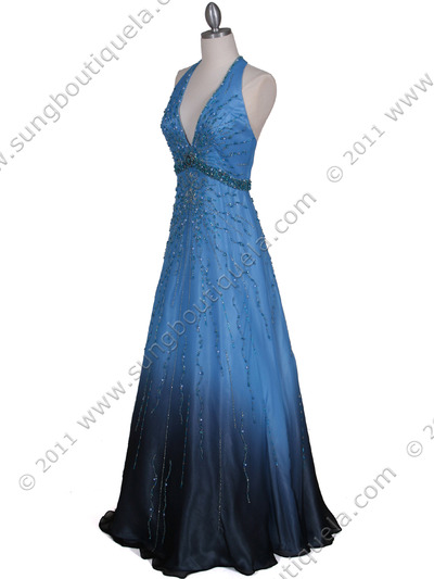 5541 Blue Beaded Silk Gown - Blue, Alt View Medium