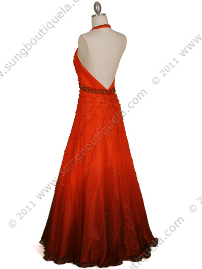 5541 Orange Beaded Silk Gown - Orange, Back View Medium