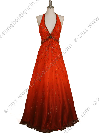 5541 Orange Beaded Silk Gown - Orange, Front View Medium
