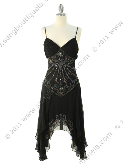 5555 Black Skill Beaded Cocktail Dress - Black, Front View Medium