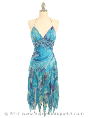 5563 Turquoise Halter Beaded Silk Dress, Turquoise