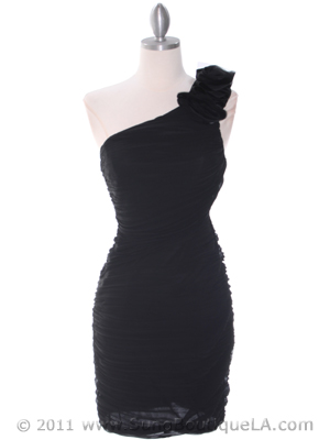 5567 Black Chiffon Ruched Cocktail Dress, Black