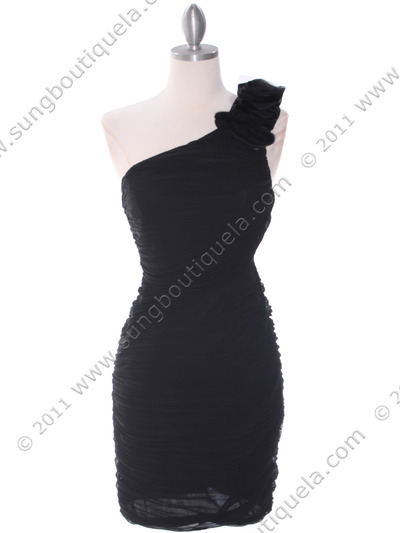 5567 Black Chiffon Ruched Cocktail Dress - Black, Front View Medium
