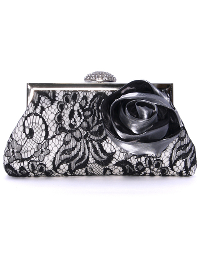 560133 Black Lace Evening Bag - Black, Front View Medium
