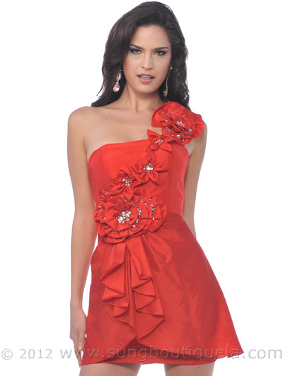 5863 One Shoulder Floral Strap Valentine Dress - Red, Front View Medium