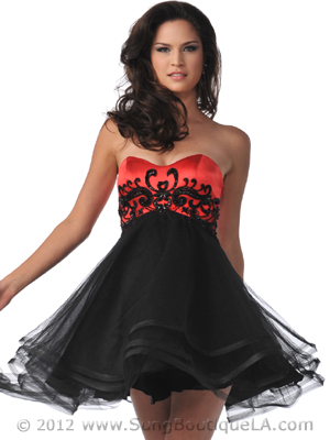 5867 Strapless Sweetheart Embroidered Lace Short Prom Dresses, Black Red