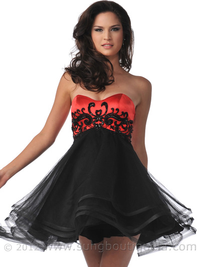 5867 Strapless Sweetheart Embroidered Lace Short Prom Dresses - Black Red, Front View Medium
