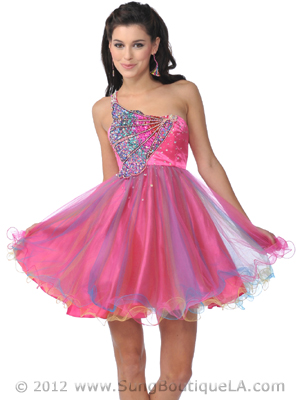 5871 Hot Pink One Shoulder Butterfly Sequin Short Prom Dress, Hot Pink