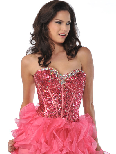 5878 Sequin Corset Top Prom Dress with Ruffle Hem - Watermelon, Alt View Medium