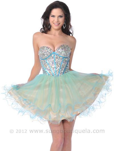 5883 Corset Sequin Top Prom Dress - Turquoise Yellow, Front View Medium