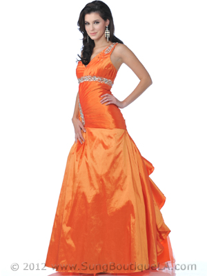 5 Orange One Shoulder Asymmetrical Ruched Prom Dress, Orange