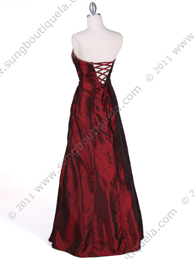 60638 Burgundy Taffeta Beaded Evening Gown - Burgundy, Back View Medium