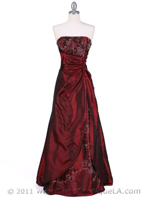 60638 Burgundy Taffeta Beaded Evening Gown, Burgundy