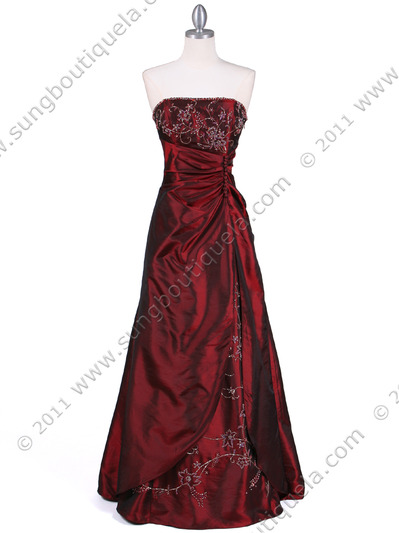 60638 Burgundy Taffeta Beaded Evening Gown - Burgundy, Front View Medium