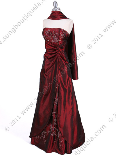 60638 Burgundy Taffeta Beaded Evening Gown - Burgundy, Alt View Medium