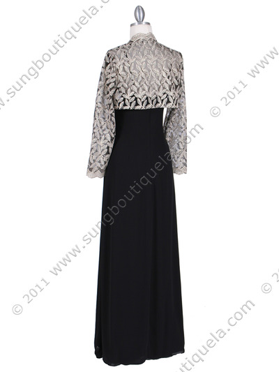6250 Black/Gold Evening Dress with Lace Bolero Jacket - Black Gold, Back View Medium