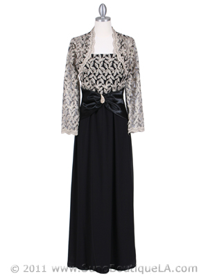 6250 Black/Gold Evening Dress with Lace Bolero Jacket, Black Gold